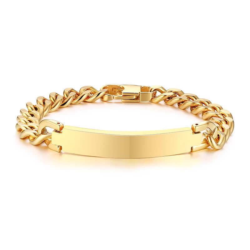 Rockyu ブレスレット メンズ レディース プレート チェーン ステンレス製 IPゴールド仕上げ