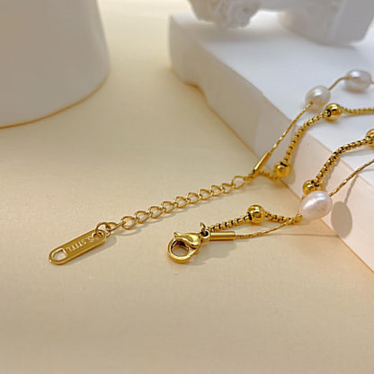 Rockyu ブレスレット レディース ゴールドパールブレスレット ステンレス 金属アレルギー対応