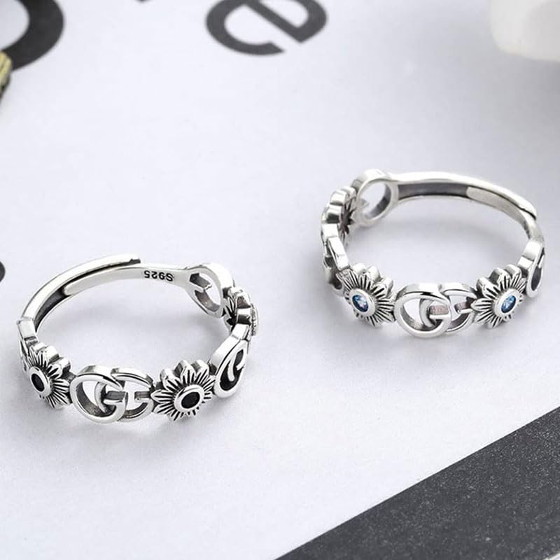 Rockyu 指輪 レディース フリーサイズ シルバー925 アルファベット＆花モチーフ サファイア風ストーン オープンリング