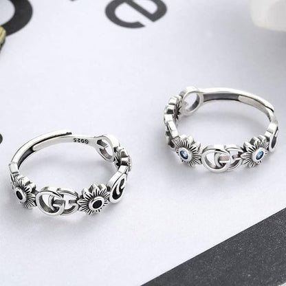 Rockyu 指輪 レディース フリーサイズ シルバー925 アルファベット＆花モチーフ サファイア風ストーン オープンリング