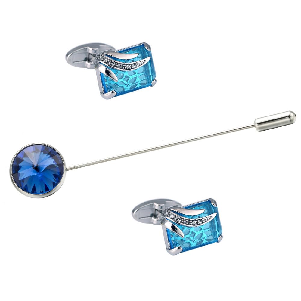 Rockyu カフスボタン メンズ シルバー ブルークリスタル 袖口 ピンブローチ