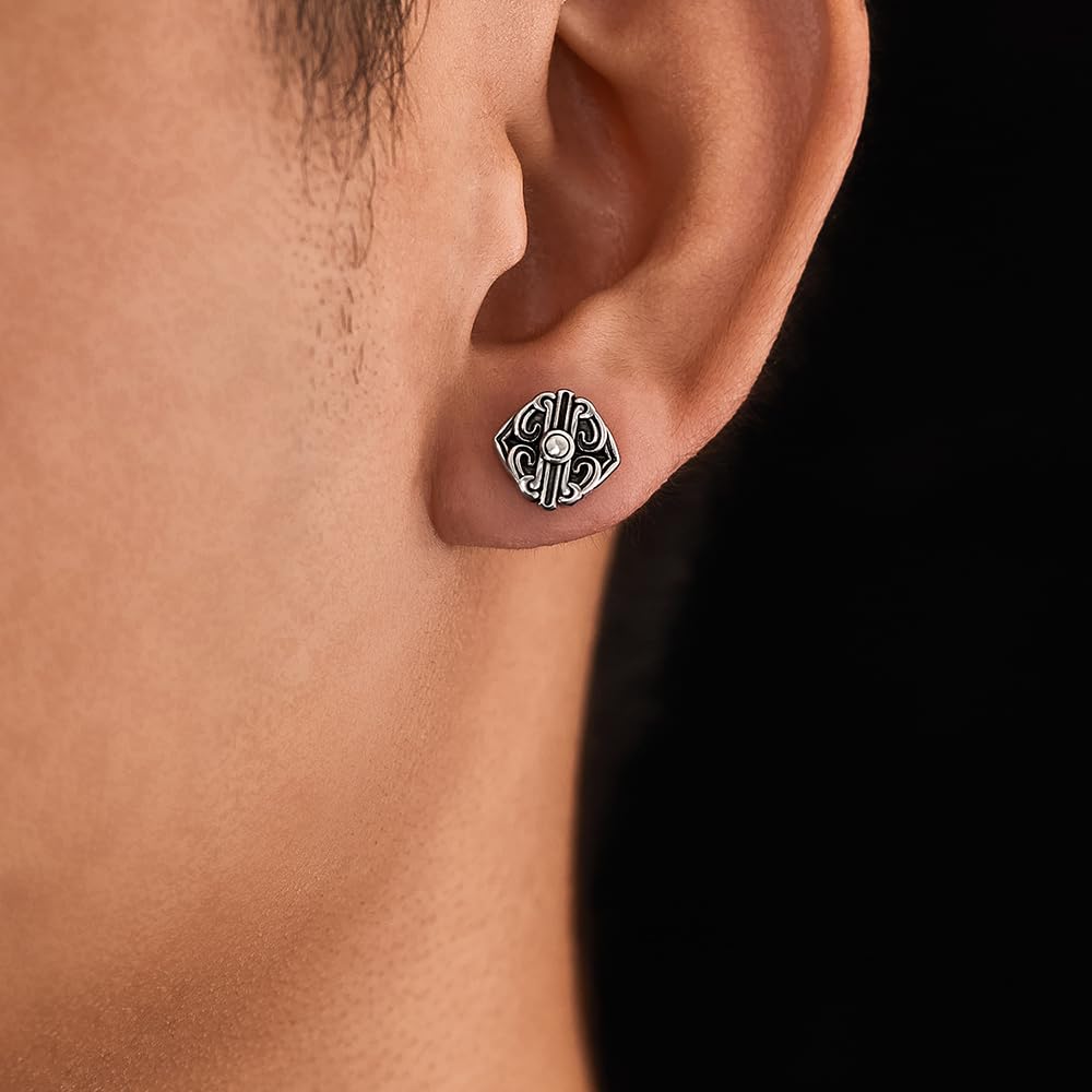 Rockyu ピアス メンズ ステンレス 片耳 四角モチーフ 彫刻風フラワーパターン ヴィンテージ調 アレルギー対応