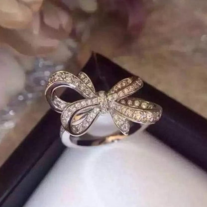 Rockyu レディース フリーサイズ リボンリング｜ピンクゴールド＆シルバー 多粒ダイヤ風デザイン