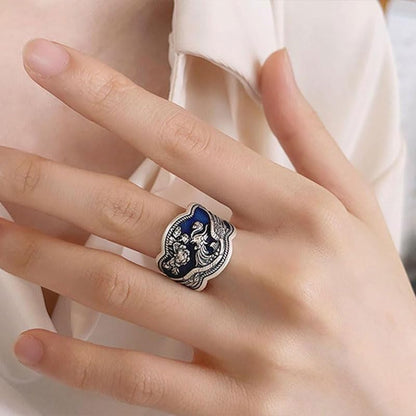 Rockyu 指輪 レディース 太め シルバー925 鳳凰＆花モチーフ 青釉薬 ウェーブリング フリーサイズ 金運アップ