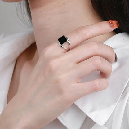 Rockyu シルバー925リング 正方形ブラックストーン 男女兼用 フリーサイズリング