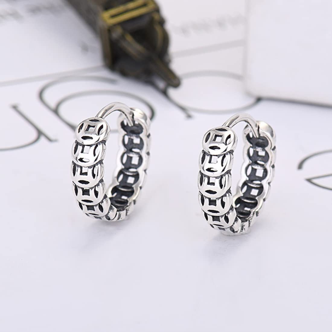 Rockyu ピアス メンズ レディース フープ シルバー 銅銭モチーフ 純銀製 金属アレルギー対応