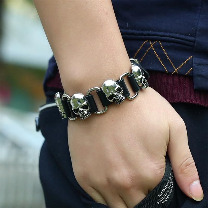 【13連スカルの主張】ドクロレザーブレスレット｜ブラック＆ブラウン パンクバングル
