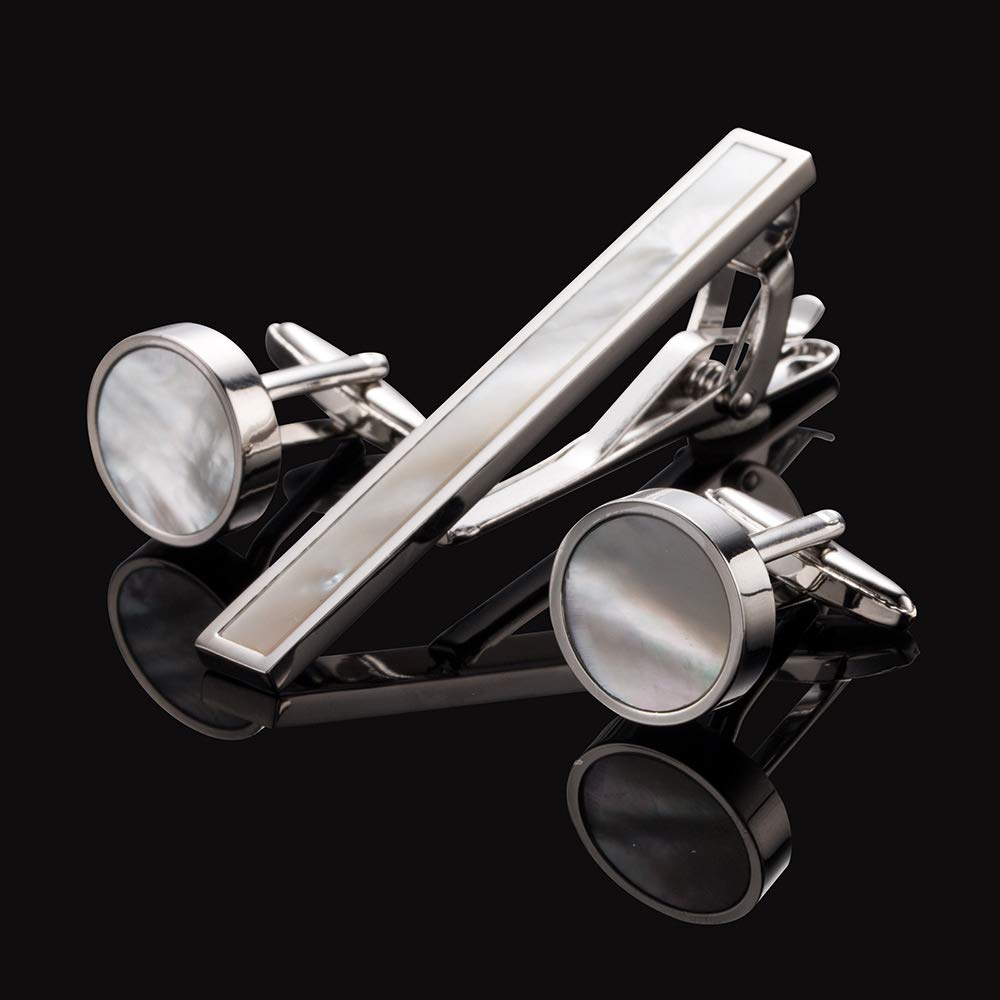 Rockyu 白蝶貝タイピン＆カフスセット｜ラウンドデザイン×ビジネス＆フォーマル対応