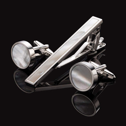 Rockyu 白蝶貝タイピン＆カフスセット｜ラウンドデザイン×ビジネス＆フォーマル対応