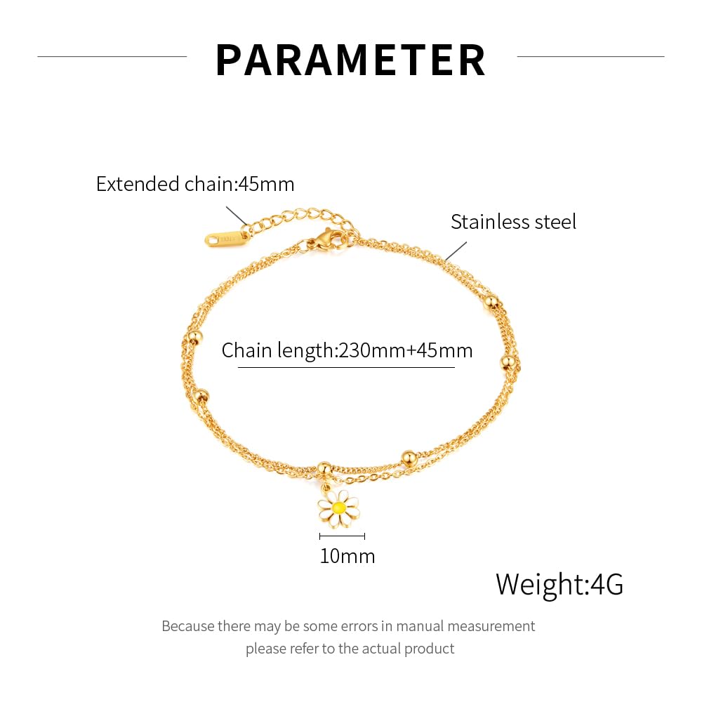 Rockyu アンクレット レディース ステンレス製 ゴールド デイジーチャーム ダブルレイヤー 調整可能 アレルギー対応