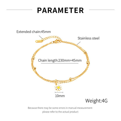 Rockyu アンクレット レディース ステンレス製 ゴールド デイジーチャーム ダブルレイヤー 調整可能 アレルギー対応