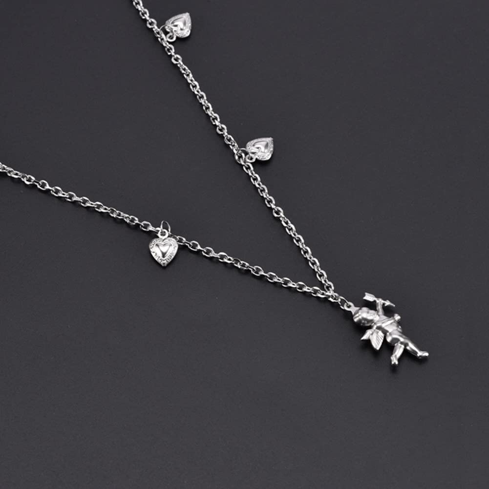 Rockyu ネックレス レディース シルバー キューピッド×ハートチャーム｜天使モチーフの可愛いチタンペンダント