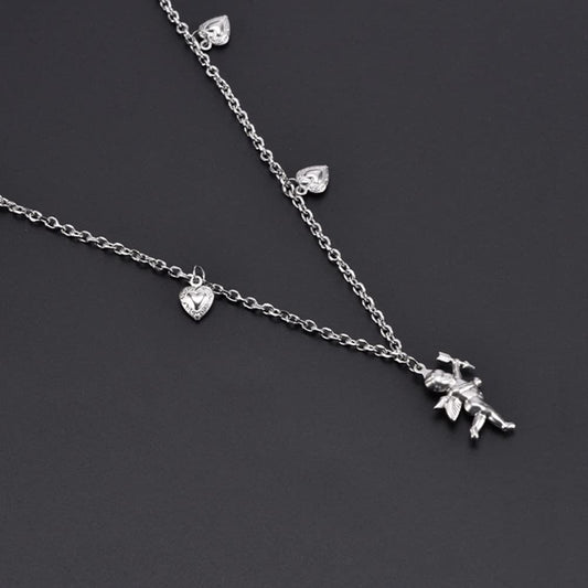 Rockyu ネックレス レディース シルバー キューピッド×ハートチャーム｜天使モチーフの可愛いチタンペンダント
