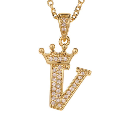 Rockyu イニシャルネックレス A〜Z メンズ レディース ジルコニア クラウンデザイン 真鍮製 ゴールドチェーン付き