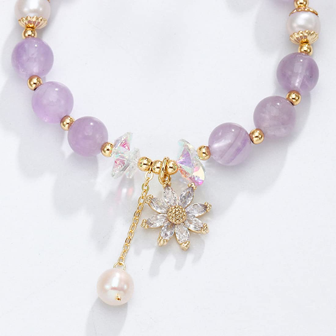 Rockyu ブレスレット レディース 天然石 紫水晶 パール クリスタル フラワーペンダント