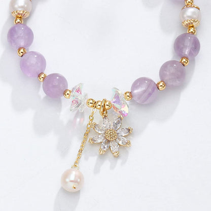 Rockyu ブレスレット レディース 天然石 紫水晶 パール クリスタル フラワーペンダント