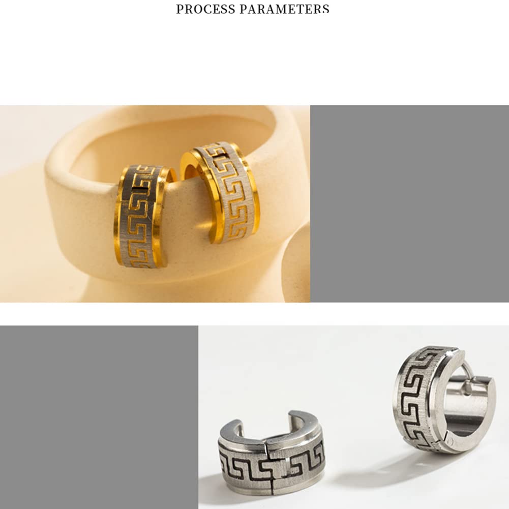 Rockyu ピアス メンズ ステンレス ブラック フープピアス 幾何学模様 幅広 リング 金属アレルギー対応