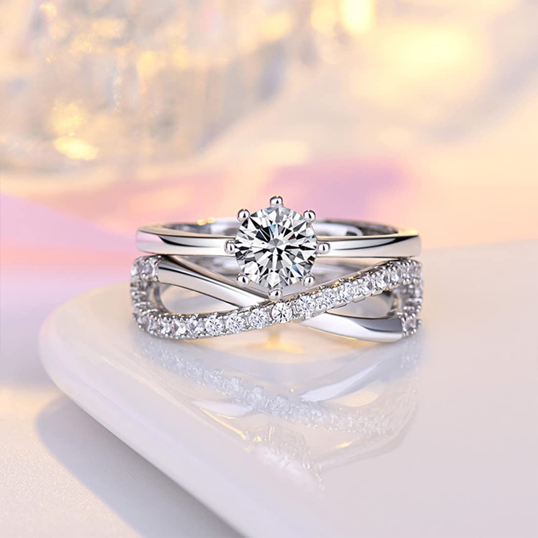 Rockyu 2連クロスリング ジルコニア装飾 フリーサイズ レディース指輪 幅広デザイン