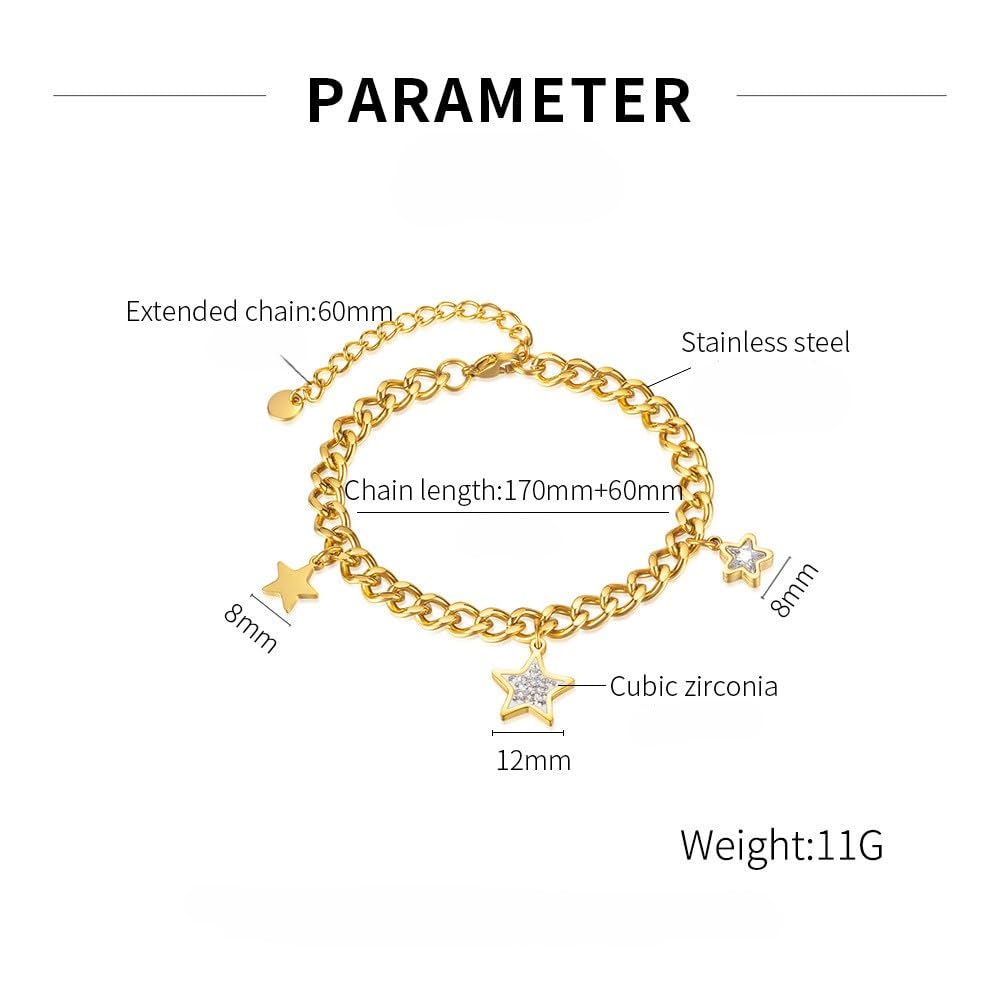 Rockyu ブレスレット レディース ゴールド 星型チャーム ジルコニア付き ステンレスチェーン