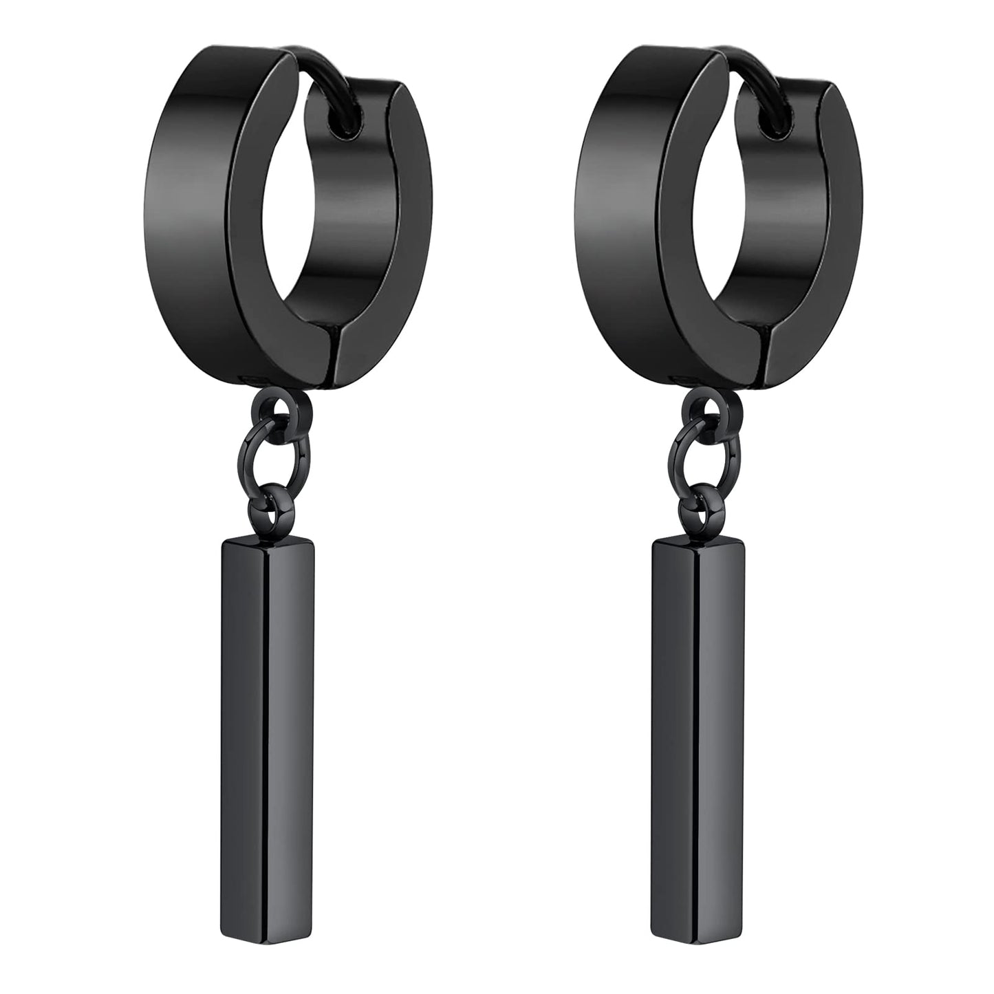 Rockyu メンズ ピアス スティックペンダント リングピアス バーイヤーカフ ブラック＆シルバー ステンレス製