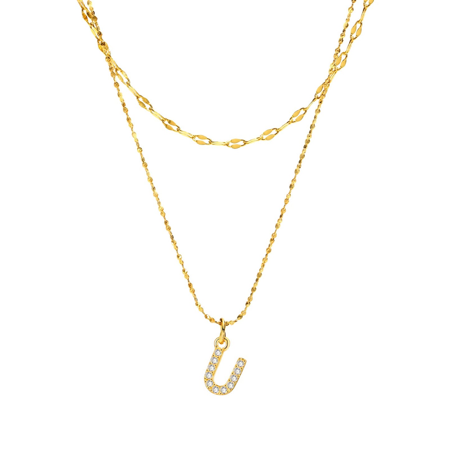 Rockyu イニシャルネックレス レディース ゴールド A〜Z 26文字 ジルコニア 二連チェーン ステンレス製 金属アレルギー対応