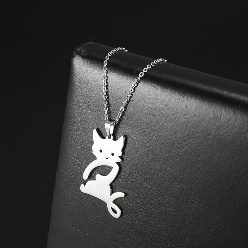 Rockyu 猫ネックレス レディース ステンレス製 シンプル 黒猫ペンダント 金属アレルギー対応