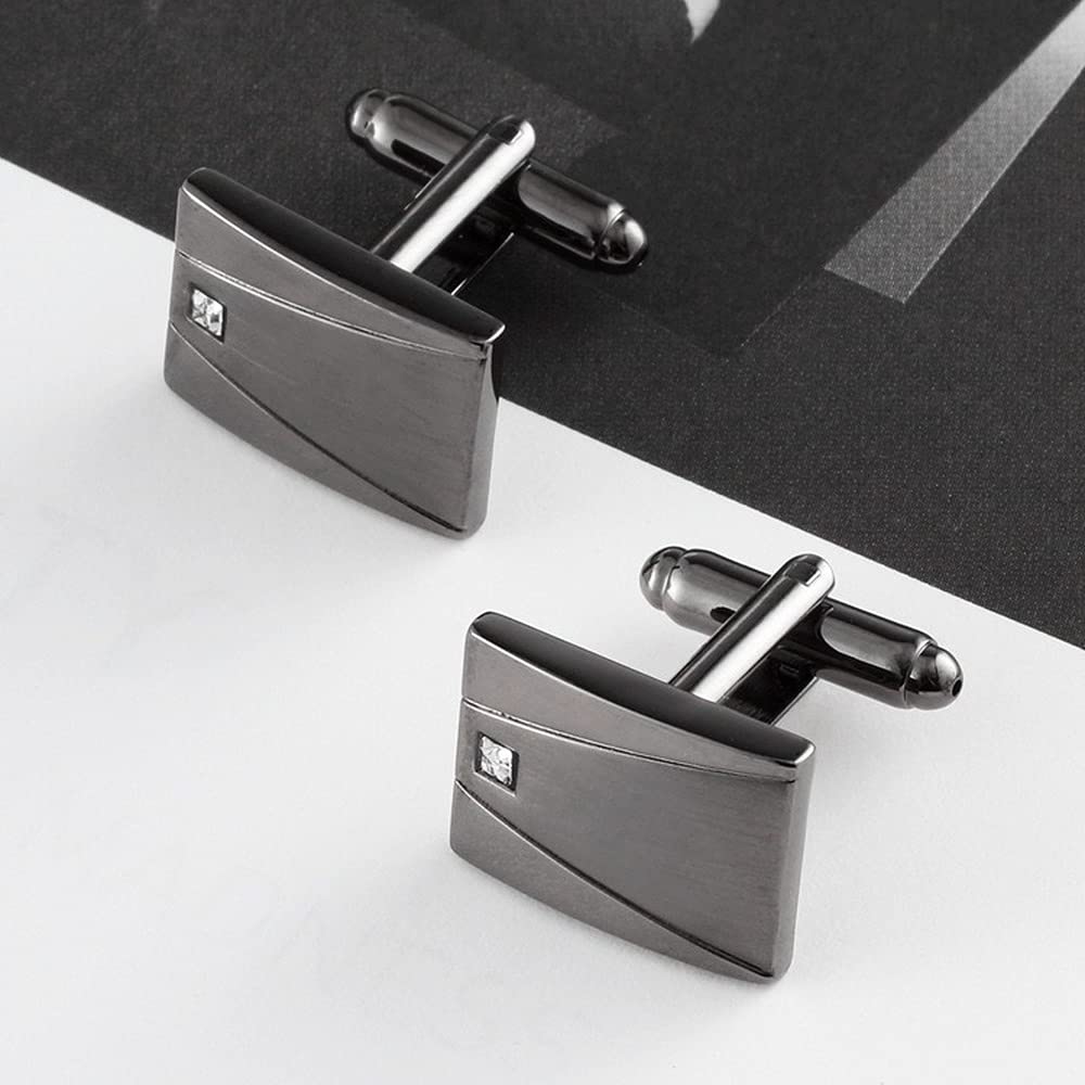 Rockyu メンズカフスとタイピンセット ジルコニア入りブラックサテーナ仕上げ