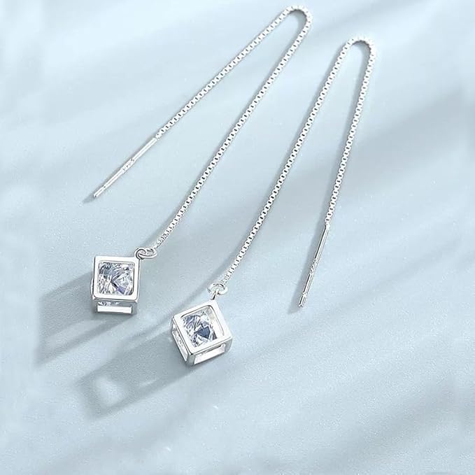 Rockyu ピアス レディース 925純銀 キューブデザイン ロングチェーンピアス 上品 大人かわいい