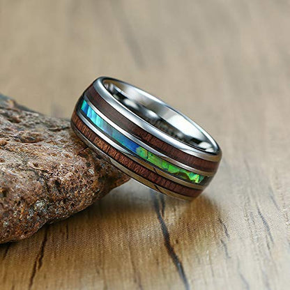 Rockyu メンズリング 幅広 8mm タングステン アワビシェル & 木目インレイ 男女兼用