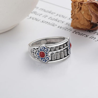 Rockyu 指輪 レディース メンズ 太め シルバー925 赤瑪瑙 算盤モチーフリング フリーサイズ 金運アップ 民族風 お守り