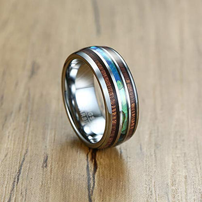 Rockyu メンズリング 幅広 8mm タングステン アワビシェル & 木目インレイ 男女兼用