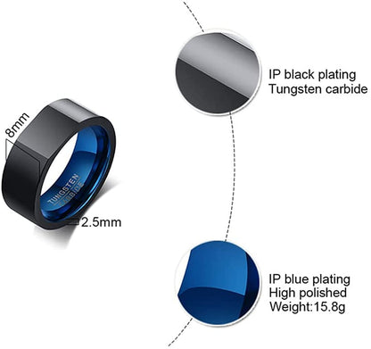 Rockyu タングステン リング メンズ ブルー×ブラック 8mm幅 重厚リング 高硬度鏡面仕上げ
