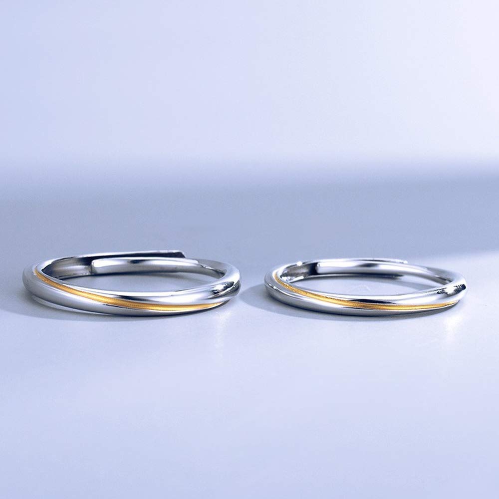 Rockyu ペアリング 2個セット S925 純銀製 指輪｜フリーサイズ 調整可能 ゴールド×シルバー