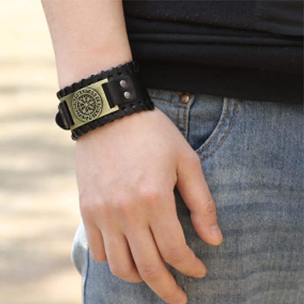 Rockyu 幅広レザーブレスレット メンズ 羅針盤プレート＆ルーン刻印 本革＆PU素材