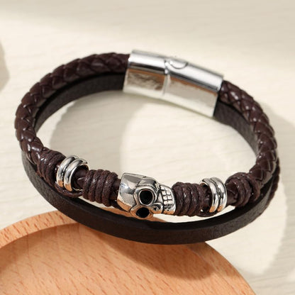 Rockyu ブレスレット メンズ レザー スカル パンク風 ダブルラップ マグネット留め具 シルバーアクセ