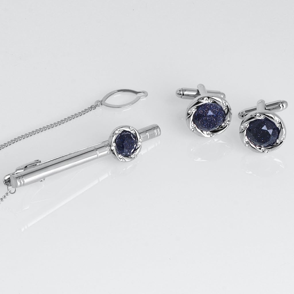 Rockyu カフスボタン＆タイピンセット メンズ ブルーサンドストーン 17mm ラウンド ステンレス製 ビジネス フォーマル ギフト