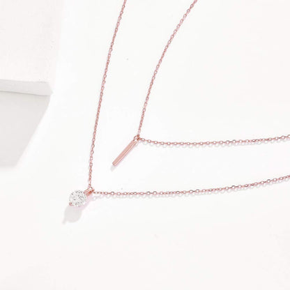 Rockyu レディースネックレス ピンクゴールド 18K 一粒ダイヤモンド スティックペンダント 2連チェーン 純銀仕上げ ジュエリー