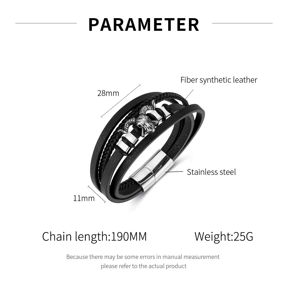 Rockyu メンズ 4連レザーブレスレット ブラック ヤギ頭モチーフ 編み込み お守り風 ステンレス 金属アレルギー対応