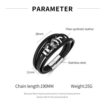 Rockyu メンズ 4連レザーブレスレット ブラック ヤギ頭モチーフ 編み込み お守り風 ステンレス 金属アレルギー対応
