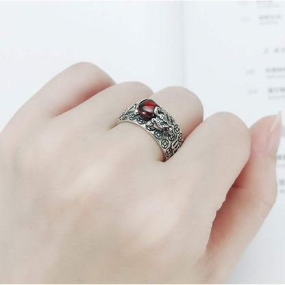 Rockyu 貔貅モチーフ経文リング メンズ レディース フリーサイズ アンティーク風指輪