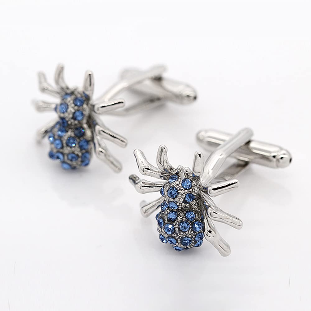 Rockyu カフスボタン メンズ 蜘蛛デザイン シルバー×ブルー サファイア風クリスタル ステンレス製