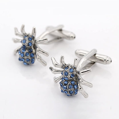 Rockyu カフスボタン メンズ 蜘蛛デザイン シルバー×ブルー サファイア風クリスタル ステンレス製