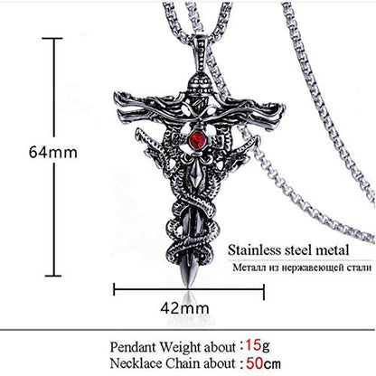 Rockyu 双竜クロスペンダント メンズネックレス｜ルビー装飾＆18Kメッキ仕様