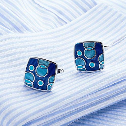 Rockyu ネクタイピン＆カフスセット メンズ シルバー ブルー幾何学模様 ビジネス・結婚式用 ギフト