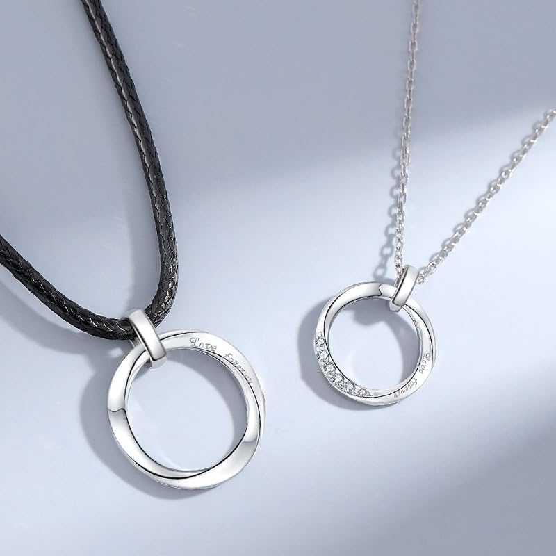 Rockyu ペアネックレス メンズ レディース リングデザイン 革紐＆チェーン 金属アレルギー対応