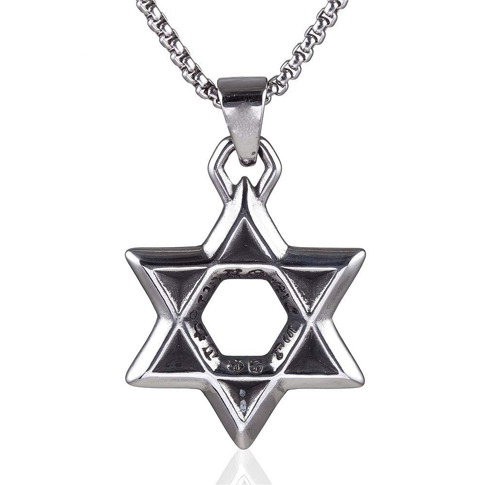 Rockyu 六芒星ネックレス メンズ ステンレス製 ダビデの星 ペンダント シルバー 60cmチェーン