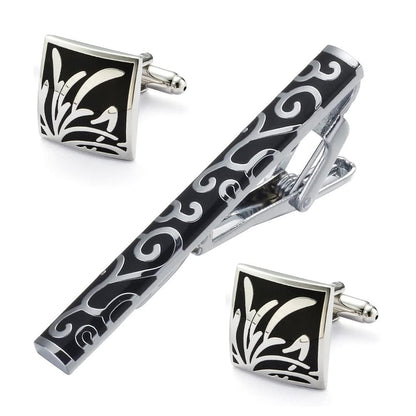 Rockyu ネクタイピン＆カフスボタン セット メンズ シルバー 唐草模様 ビジネス・結婚式用 ギフト