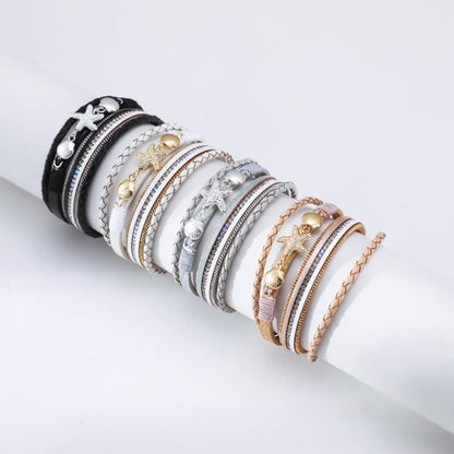 Rockyu ヒトデ＆貝殻モチーフ 多連レザーブレスレット レディース 夏 ハワイアン風