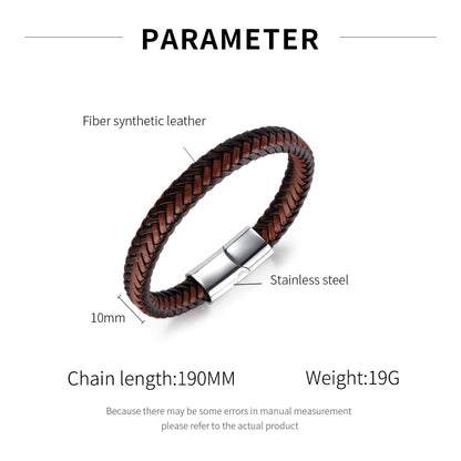 Rockyu ブラウン編み込みレザーブレスレット メンズ マグネット式