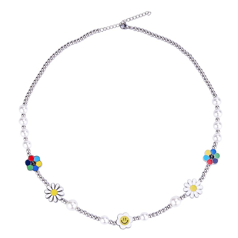 Rockyu ネックレス メンズ ホワイト｜スマイル×パール×花モチーフ 真珠風デザイン チタンチェーン